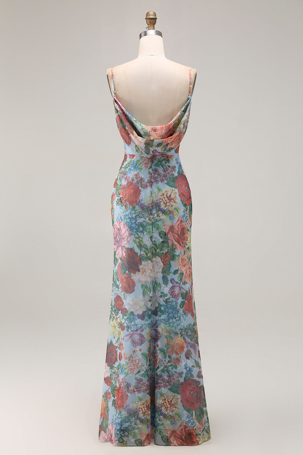 Floral Blue Mermaid Spaghetti Straps Long Wedding Guest Dress with Slit