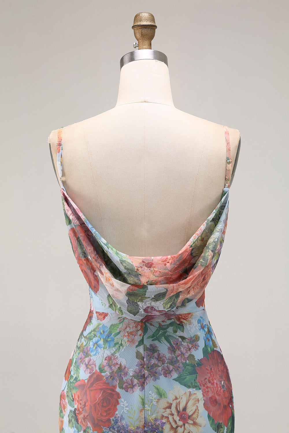 Floral Blue Mermaid Spaghetti Straps Long Wedding Guest Dress with Slit