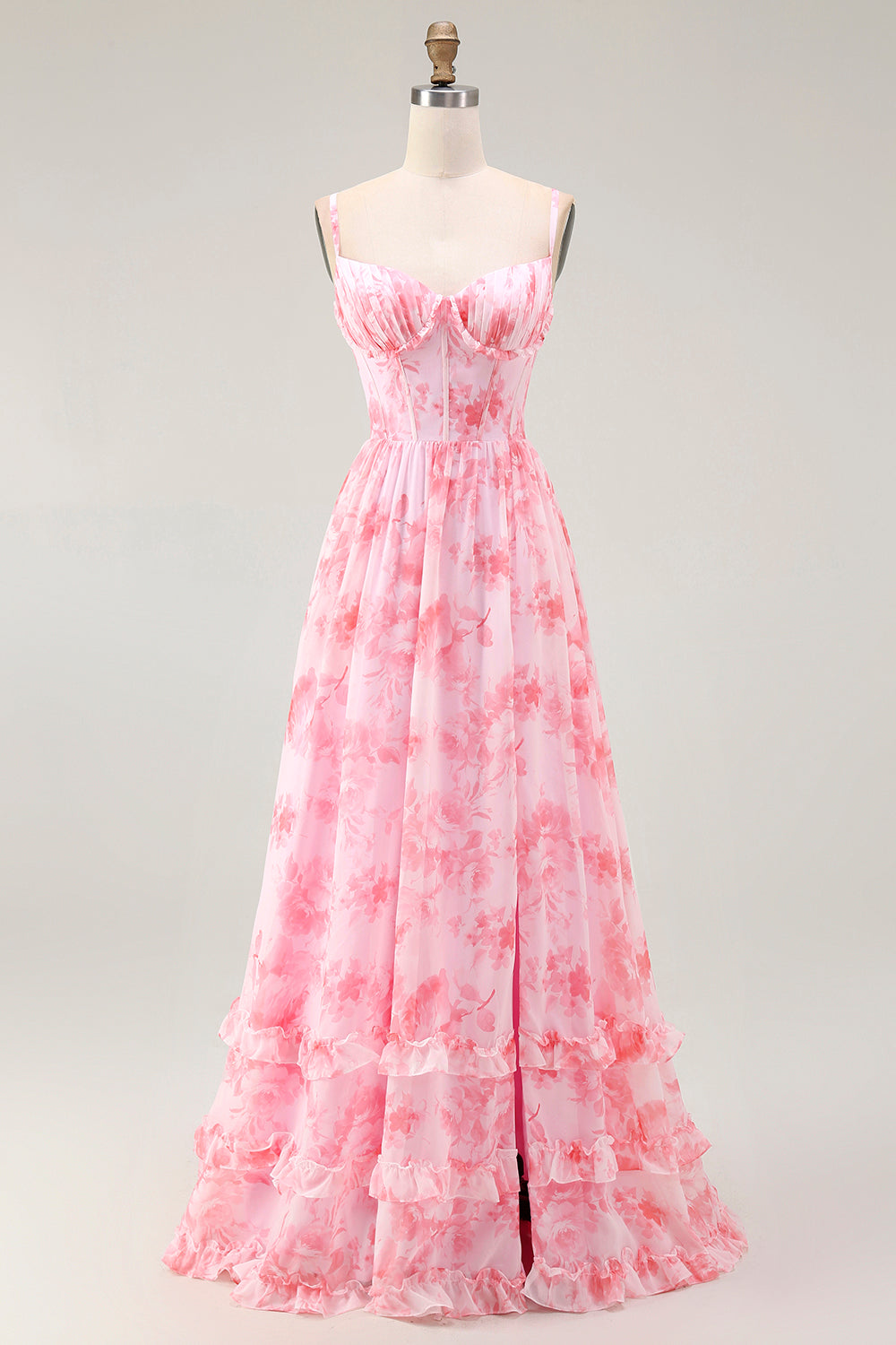Floral Pink A-Line Long Corset Wedding Guest Dress with Slit