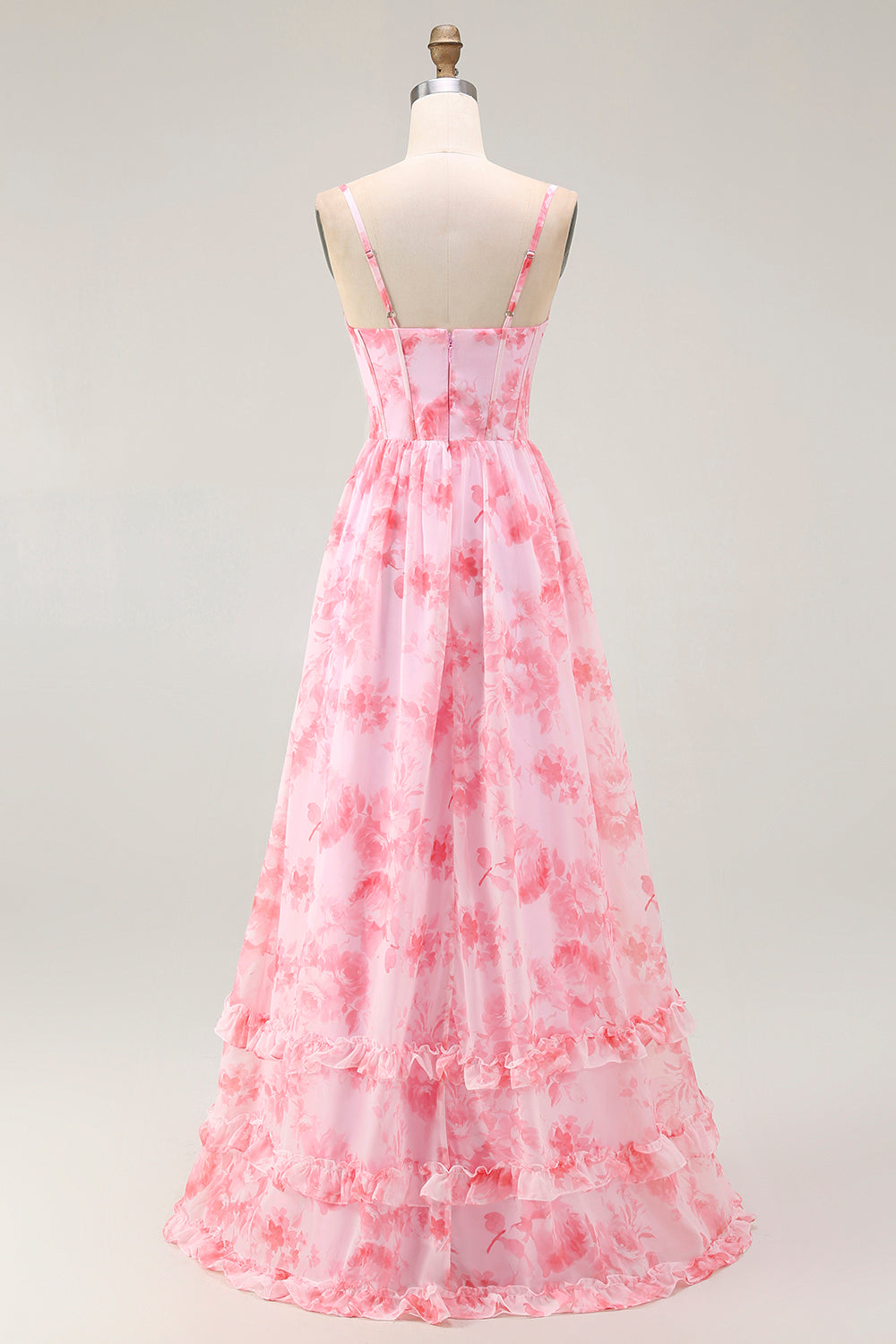 Floral Pink A-Line Long Corset Wedding Guest Dress with Slit