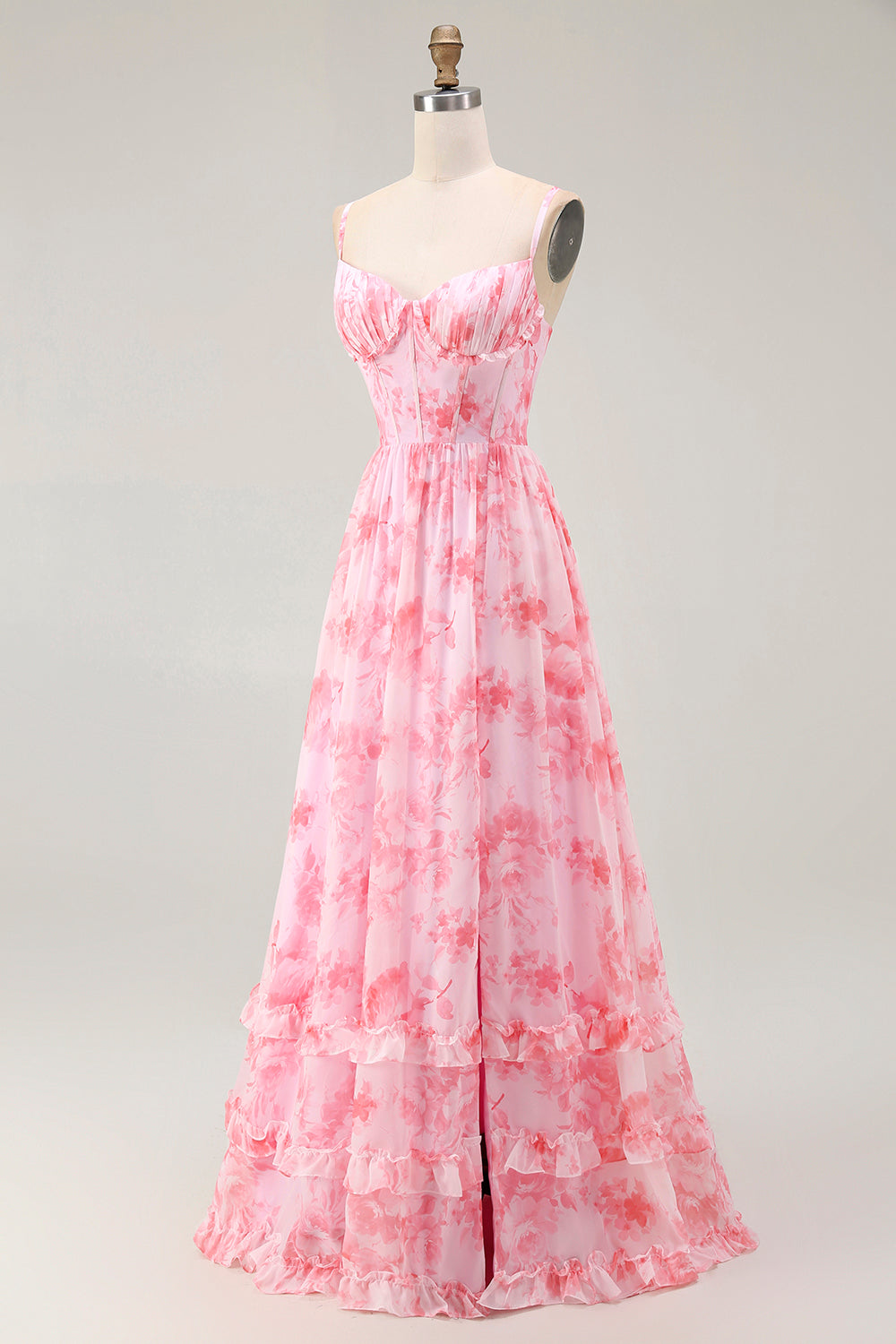 Floral Pink A-Line Long Corset Wedding Guest Dress with Slit