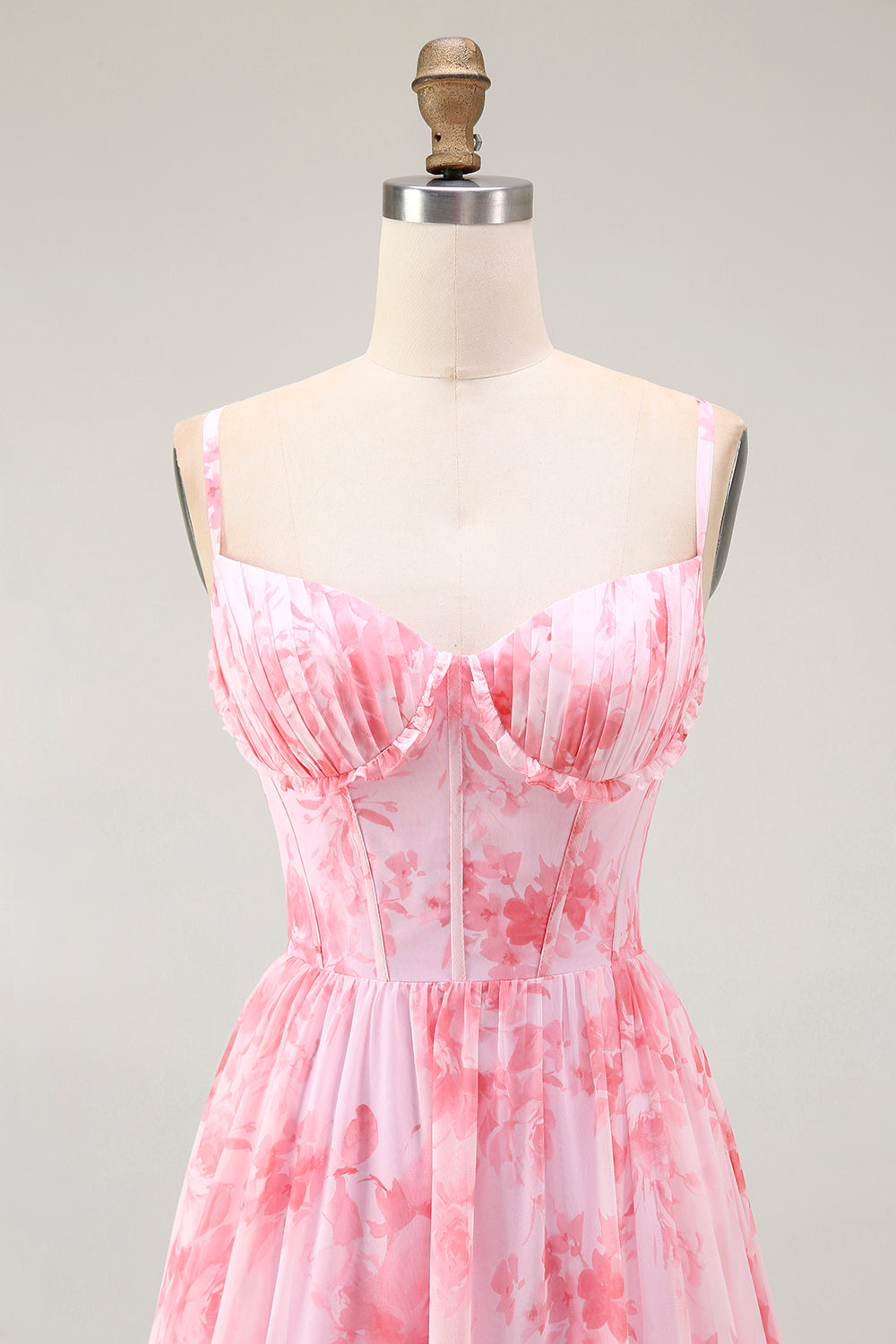 Floral Pink A-Line Long Corset Wedding Guest Dress with Slit