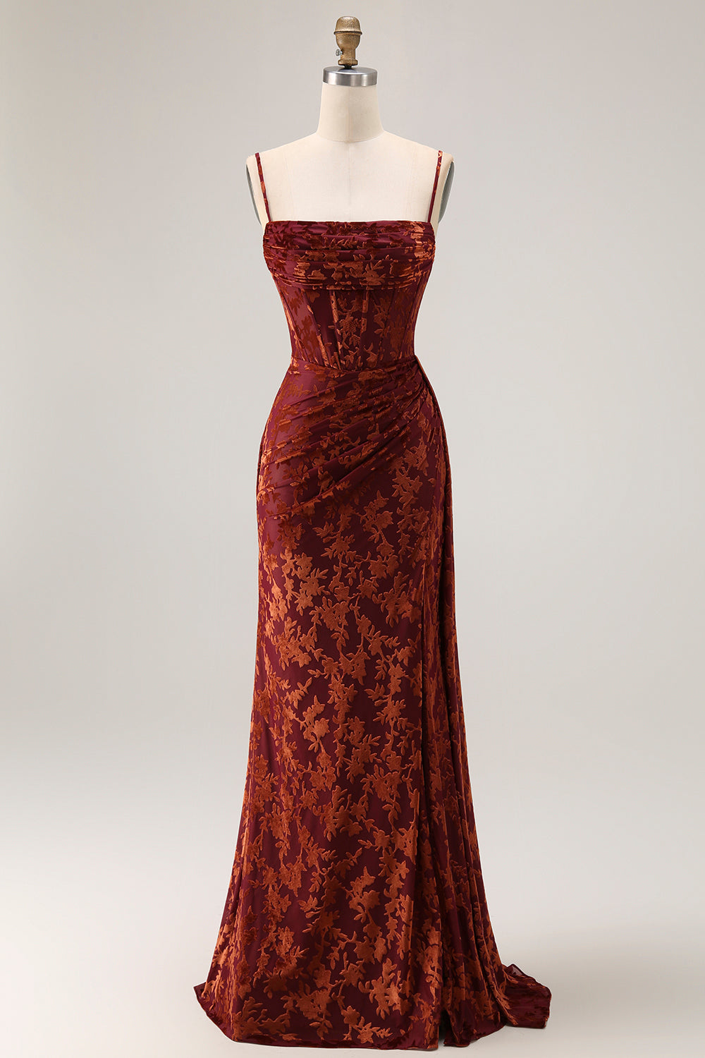 Burgundy Sheath Spaghetti Straps Corset Long Velvet Wedding Guest Dress with Slit