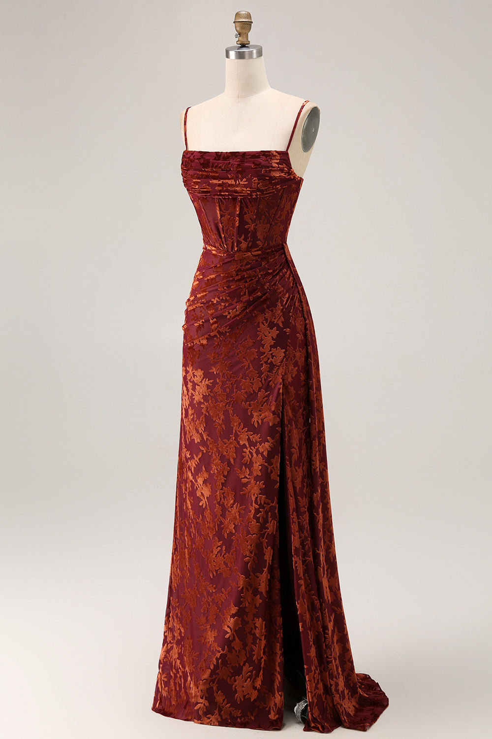 Burgundy Sheath Spaghetti Straps Corset Long Velvet Wedding Guest Dress with Slit