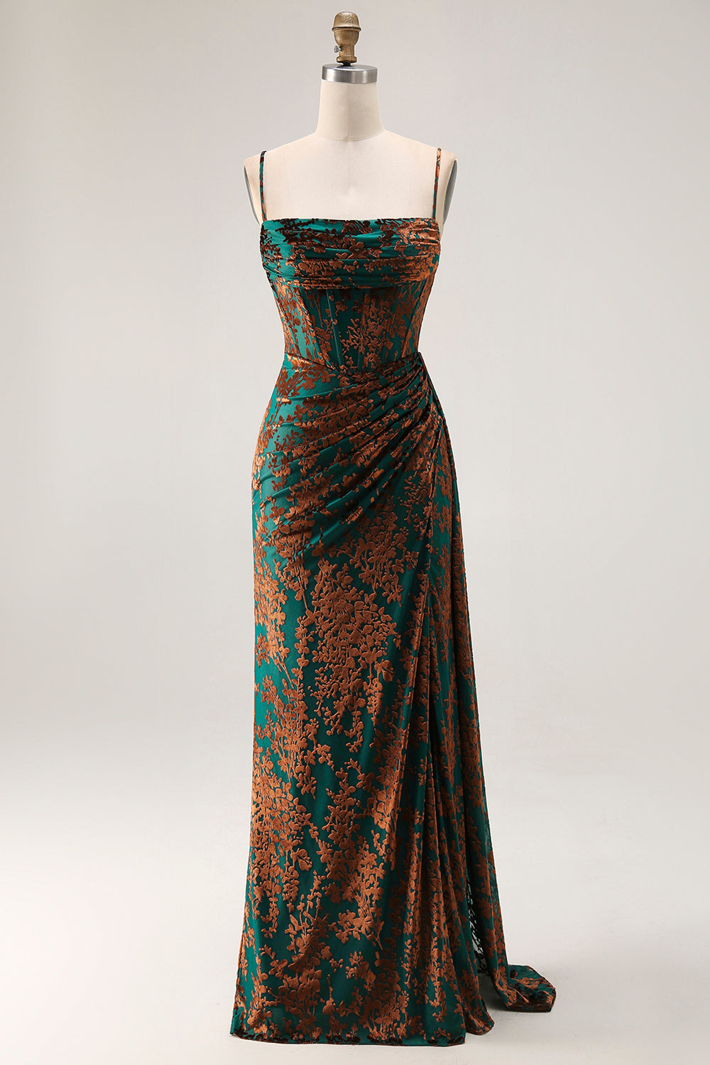Floral Dark Green Velvet Long Corset Wedding Guest Dress with Side Cape
