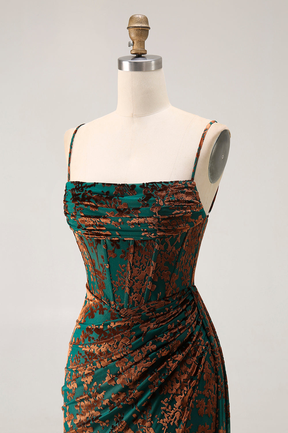 Burgundy Sheath Spaghetti Straps Corset Long Velvet Wedding Guest Dress with Slit