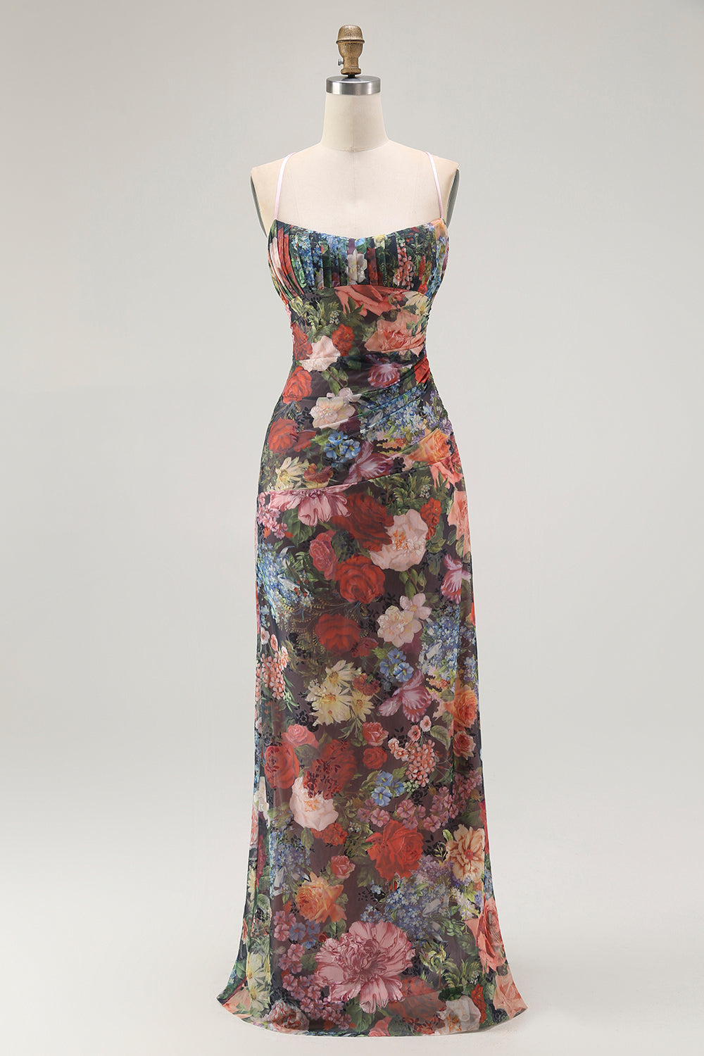 Floral Black Sheath Spaghetti Straps Long Wedding Guest Dress