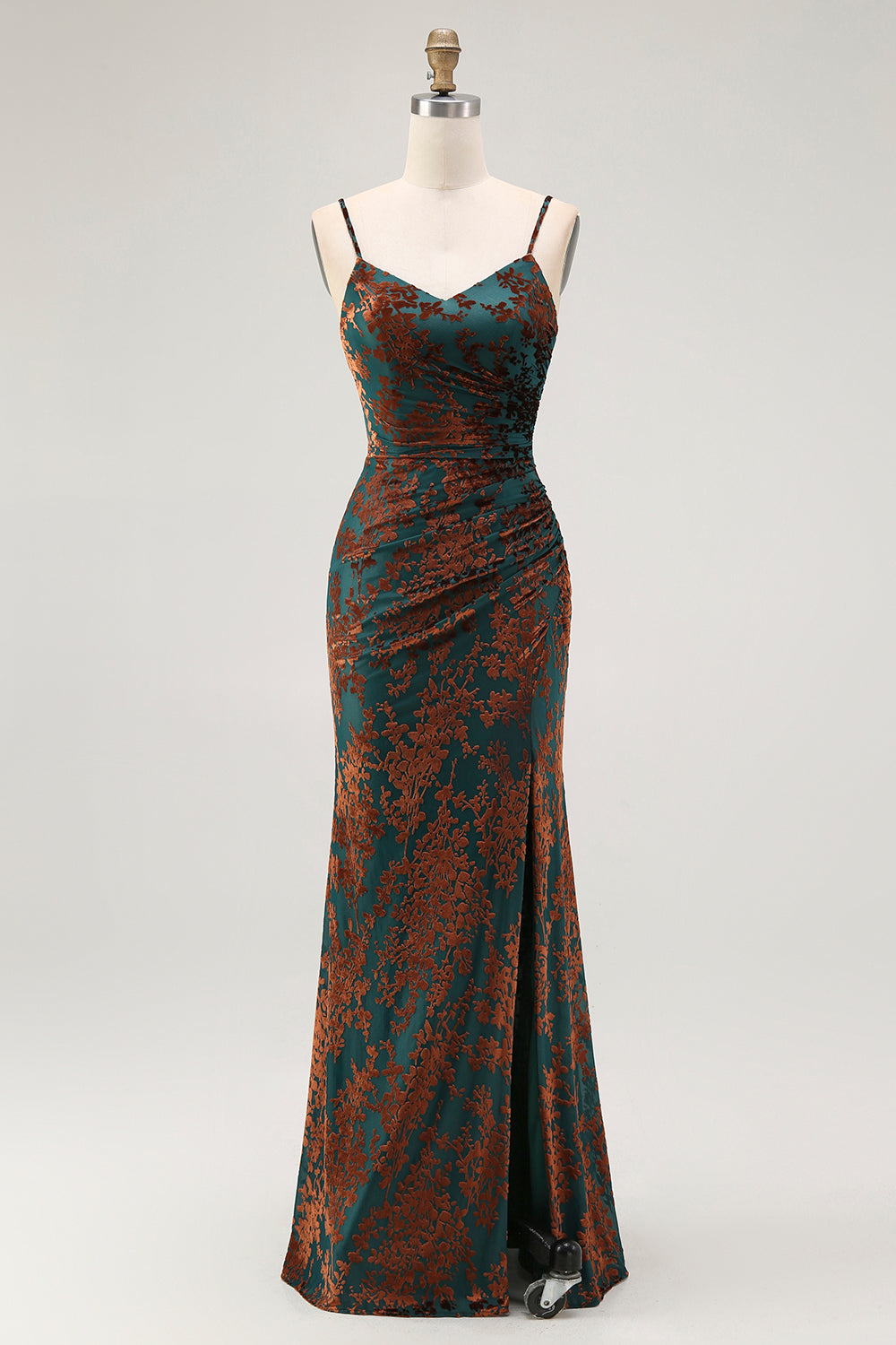 Dark Green Velvet Mermaid Spaghetti Straps Long Wedding Guest Dress with Slit