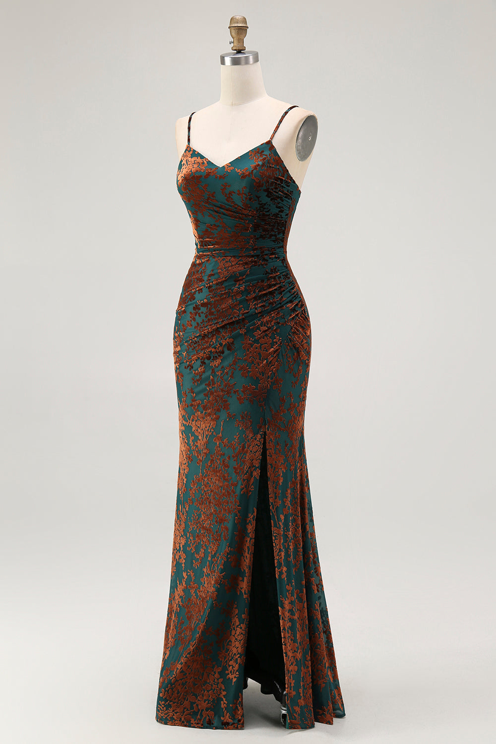 Dark Green Velvet Mermaid Spaghetti Straps Long Wedding Guest Dress with Slit