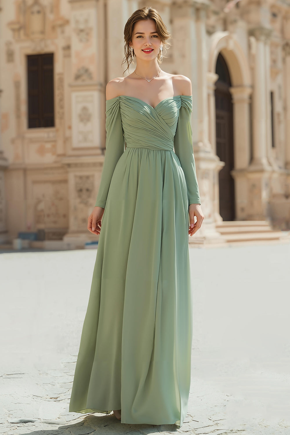Sage Green Chiffon Off the Shoulder A-Line Long Sleeves Wedding Guest Dress