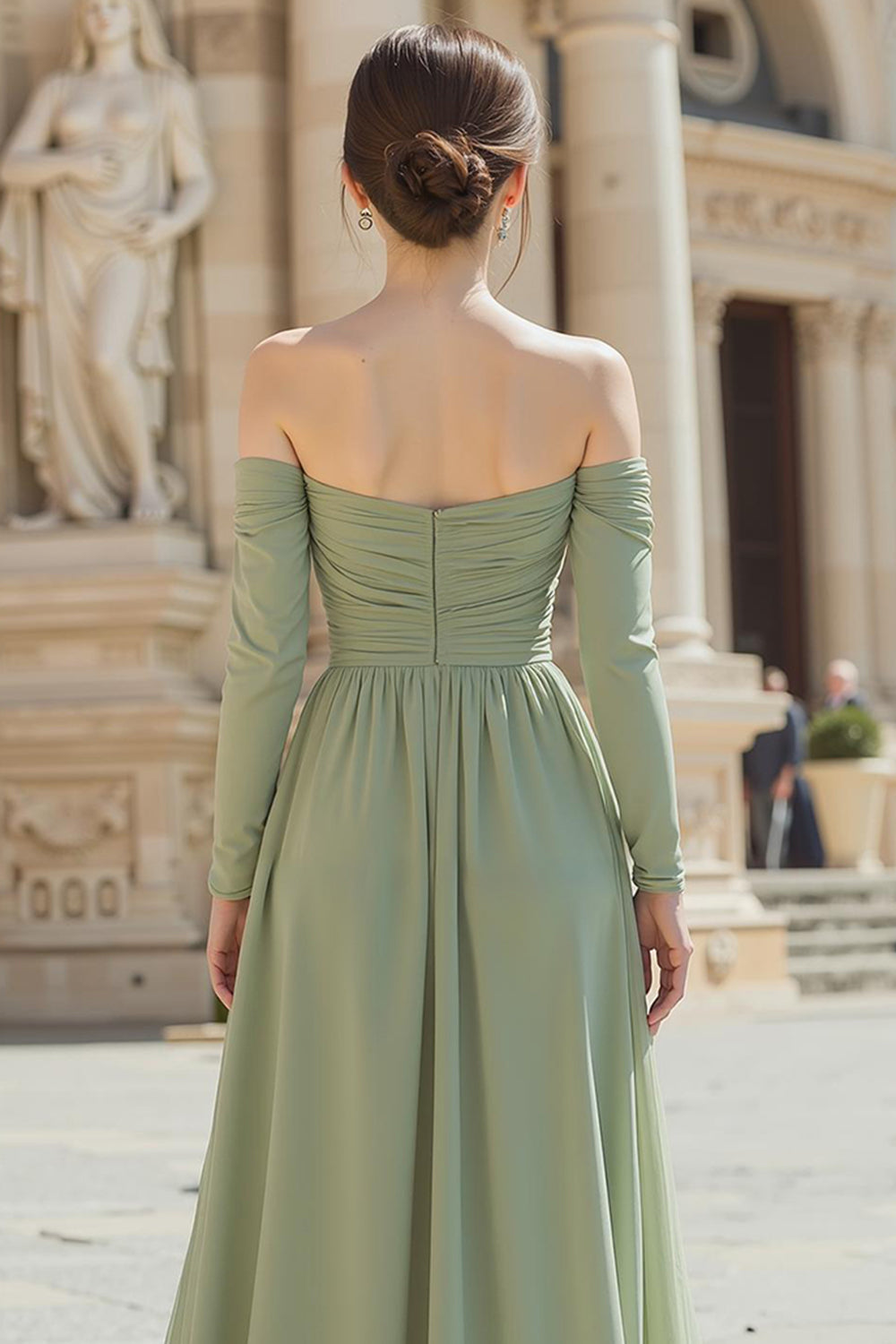 Sage Green Chiffon Off the Shoulder A-Line Long Sleeves Wedding Guest Dress