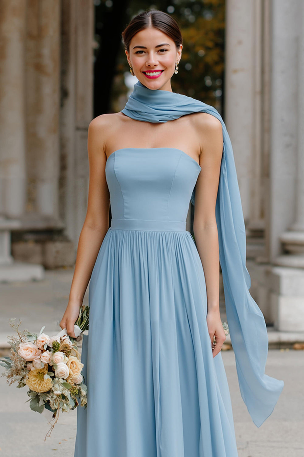 Dusty Blue Chiffon Neck Scarf A-Line Strapless Long Wedding Guest Dress