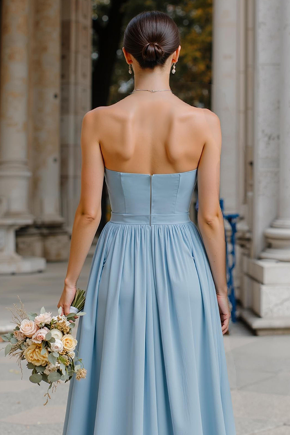 Dusty Blue Chiffon Neck Scarf A-Line Strapless Long Wedding Guest Dress