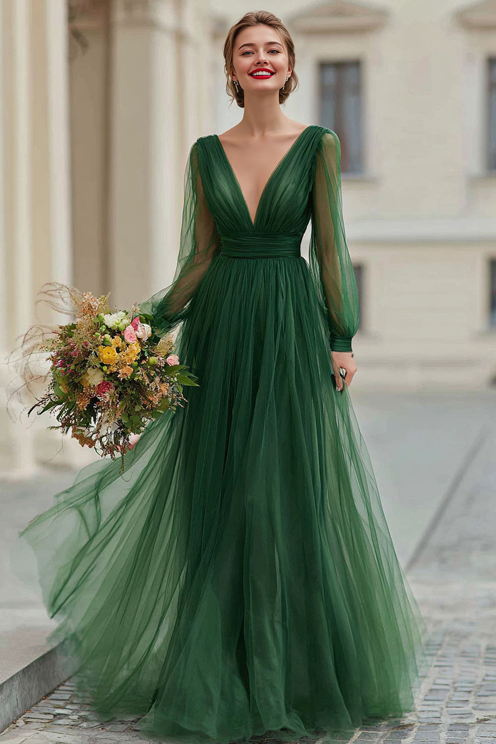 Dark Green V-Neck A-Line Tulle Long Sleeves Wedding Guest Dress 