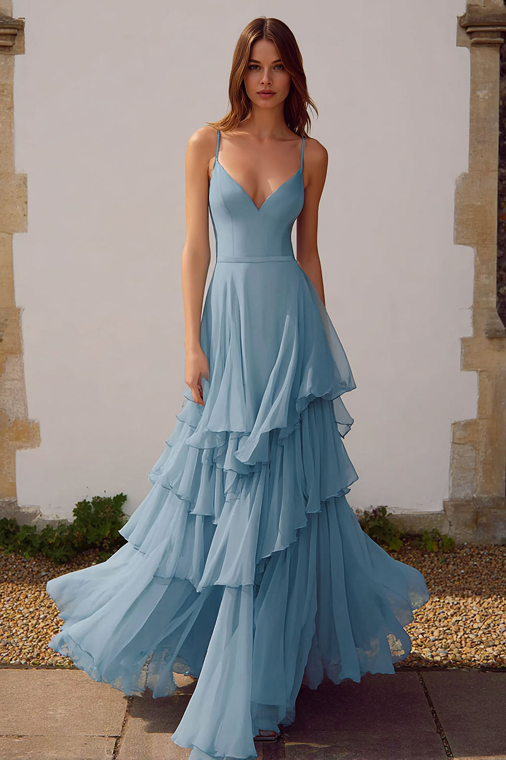 Dusty Blue Chiffon Spaghetti Straps A-Line Long Wedding Guest Dress with Ruffles