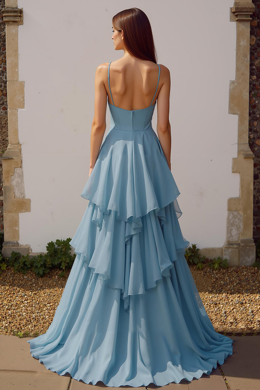Dusty Blue Chiffon Spaghetti Straps A-Line Long Wedding Guest Dress with Ruffles
