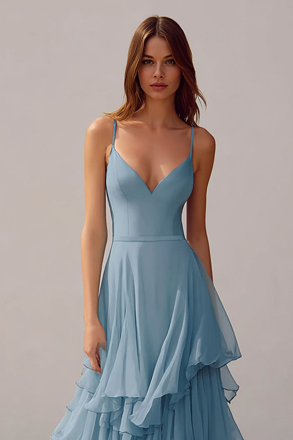 Dusty Blue Chiffon Spaghetti Straps A-Line Long Wedding Guest Dress with Ruffles