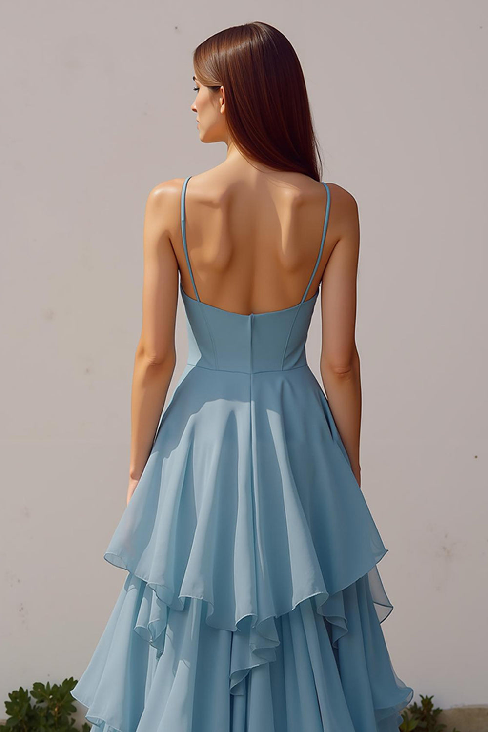 Dusty Blue Chiffon Spaghetti Straps A-Line Long Wedding Guest Dress with Ruffles