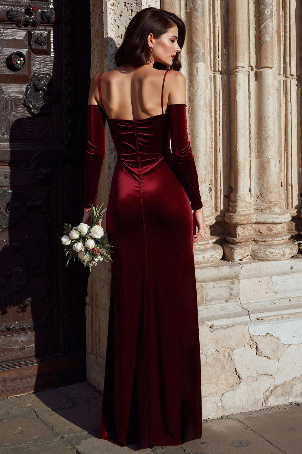 Burgundy Sheath Velvet Cold Shoulder Long Sleeves Wedding Guest Dress