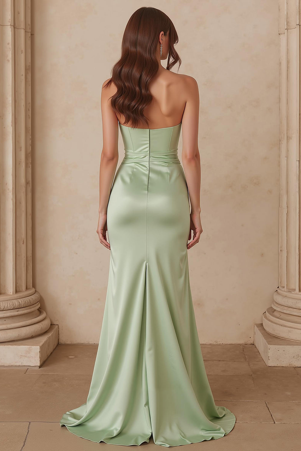 Dusty Sage Satin Mermaid Sweetheart Long Wedding Guest Dress with Slit