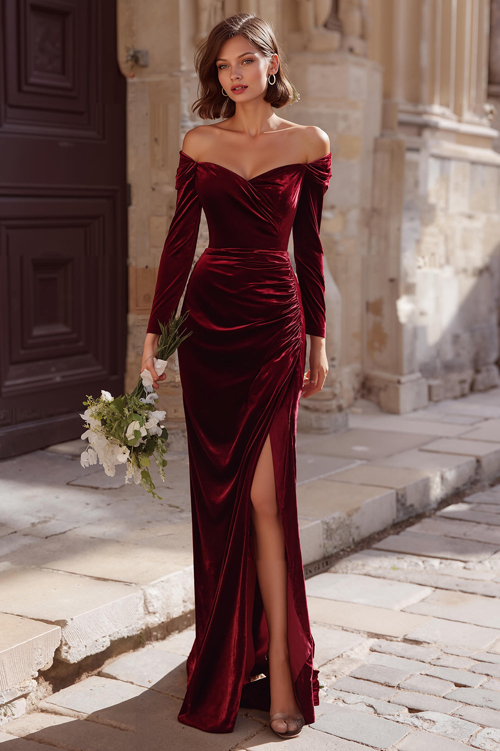 Burgundy Velvet Off the Shoulder Mermaid Long Wedding Guest Dress with Sleeves