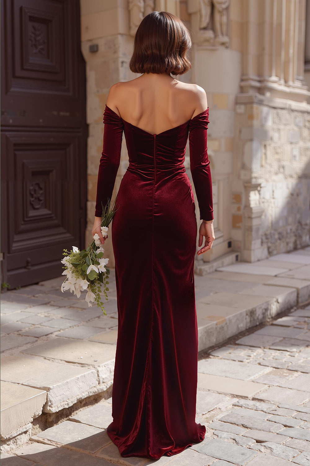 Burgundy Velvet Off the Shoulder Mermaid Long Wedding Guest Dress with Sleeves