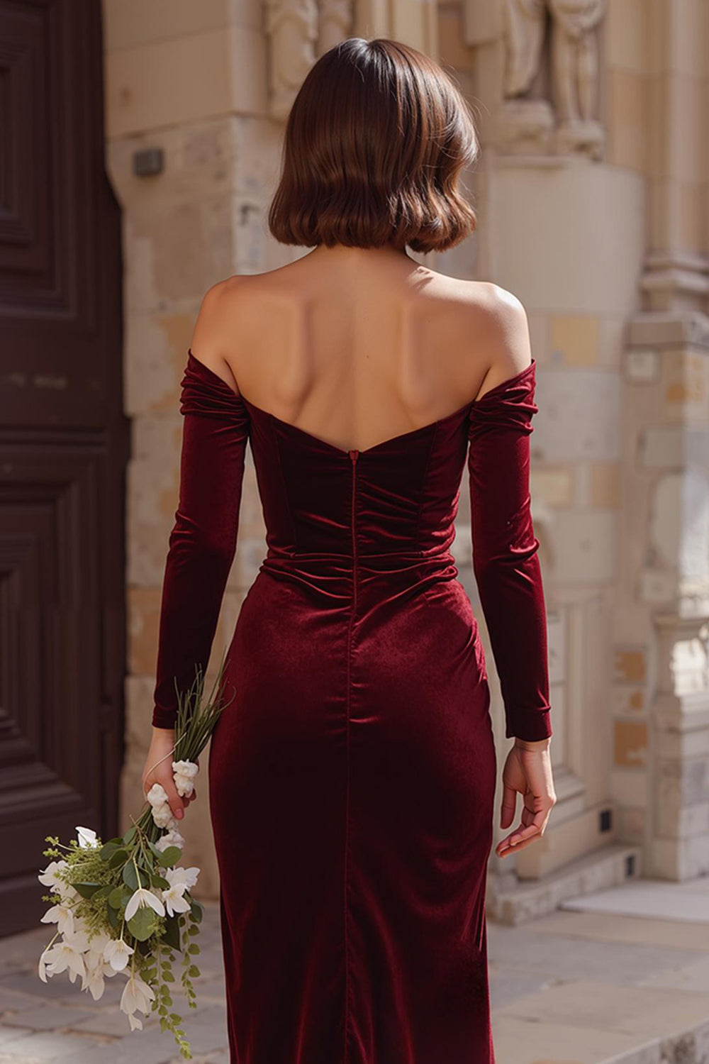 Burgundy Velvet Off the Shoulder Mermaid Long Wedding Guest Dress with Sleeves
