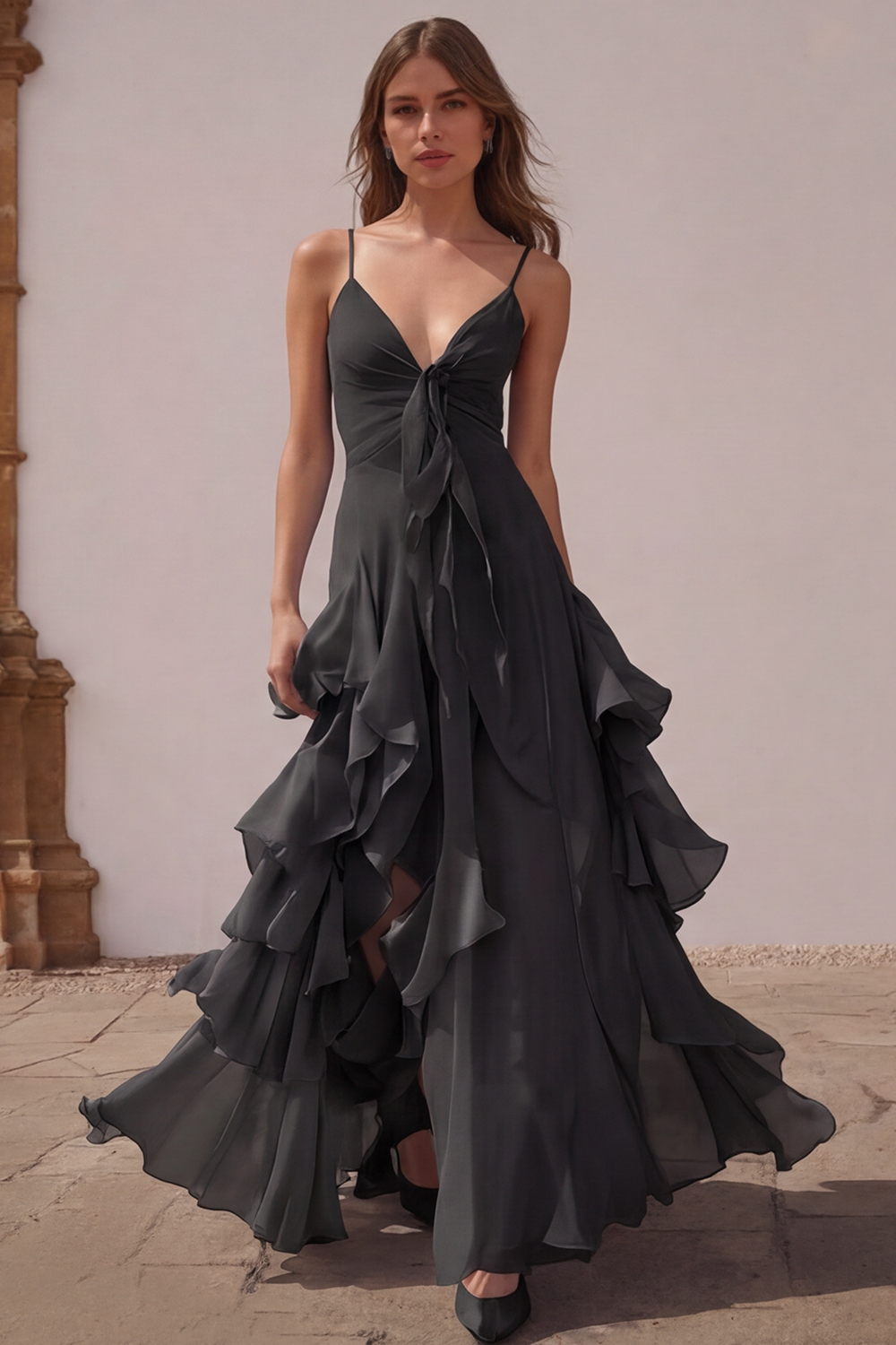 Dusty Blue Chiffon A-Line Spaghetti Straps Long Wedding Guest Dress with Ruffles