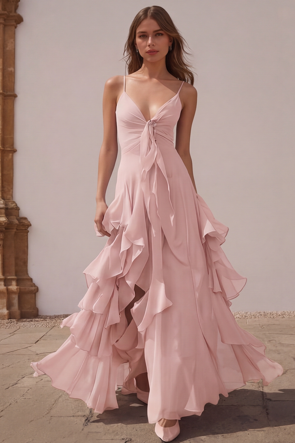 Dusty Blue Chiffon A-Line Spaghetti Straps Long Wedding Guest Dress with Ruffles