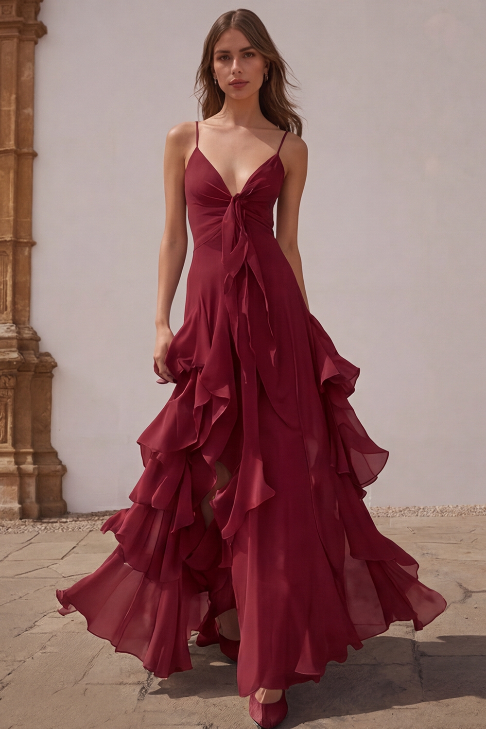 Dusty Blue Chiffon A-Line Spaghetti Straps Long Wedding Guest Dress with Ruffles