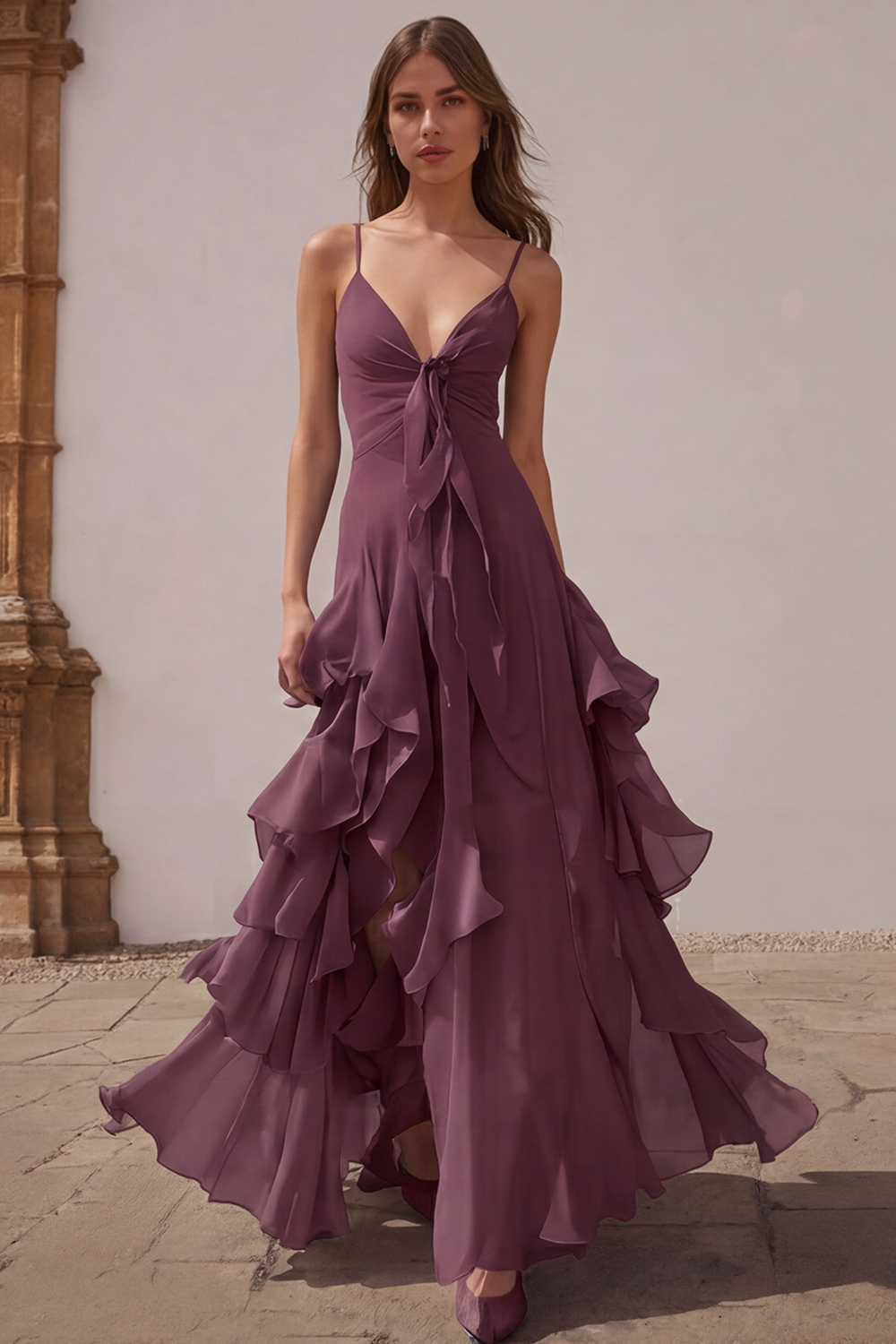 Dusty Blue Chiffon A-Line Spaghetti Straps Long Wedding Guest Dress with Ruffles