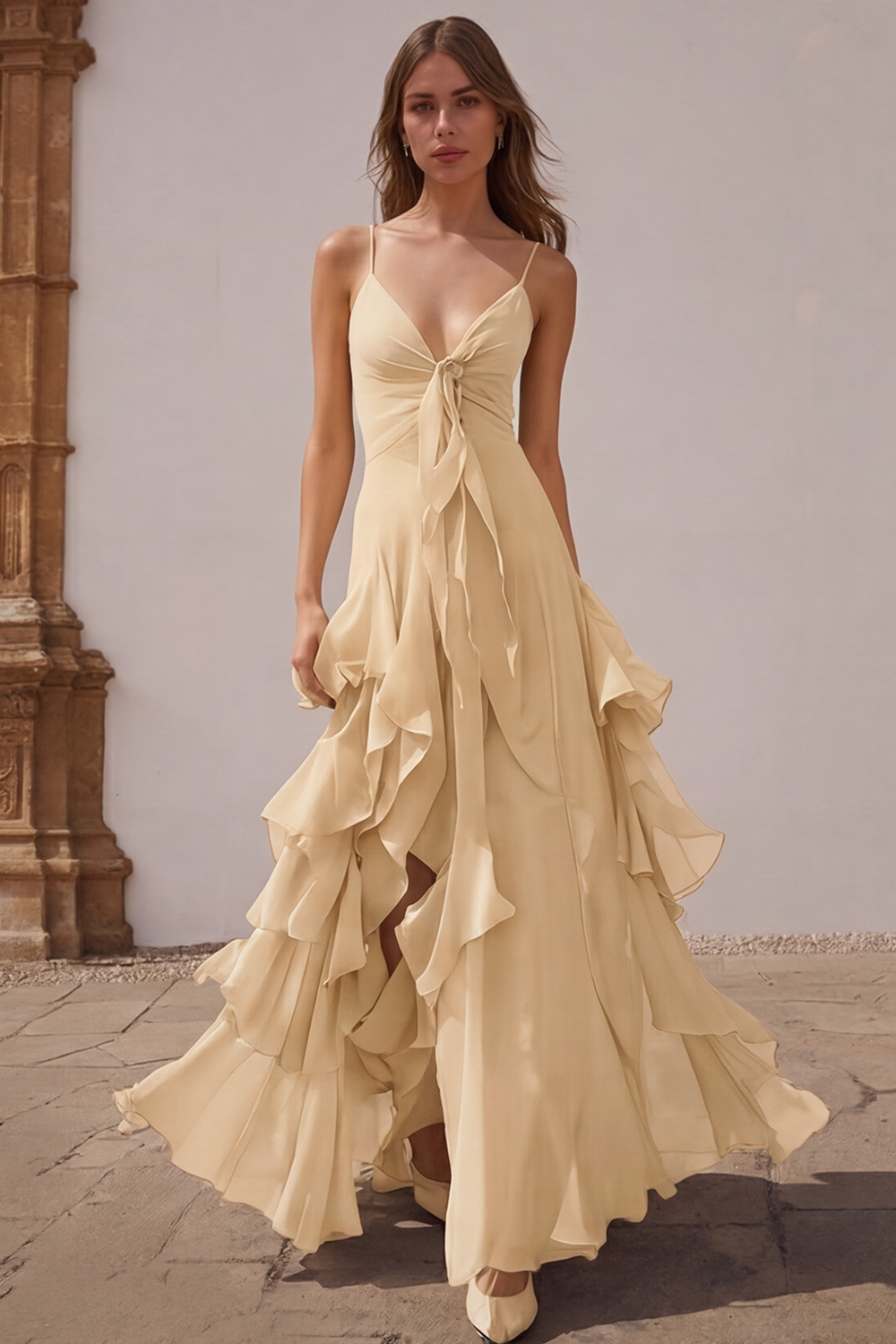 Dusty Blue Chiffon A-Line Spaghetti Straps Long Wedding Guest Dress with Ruffles