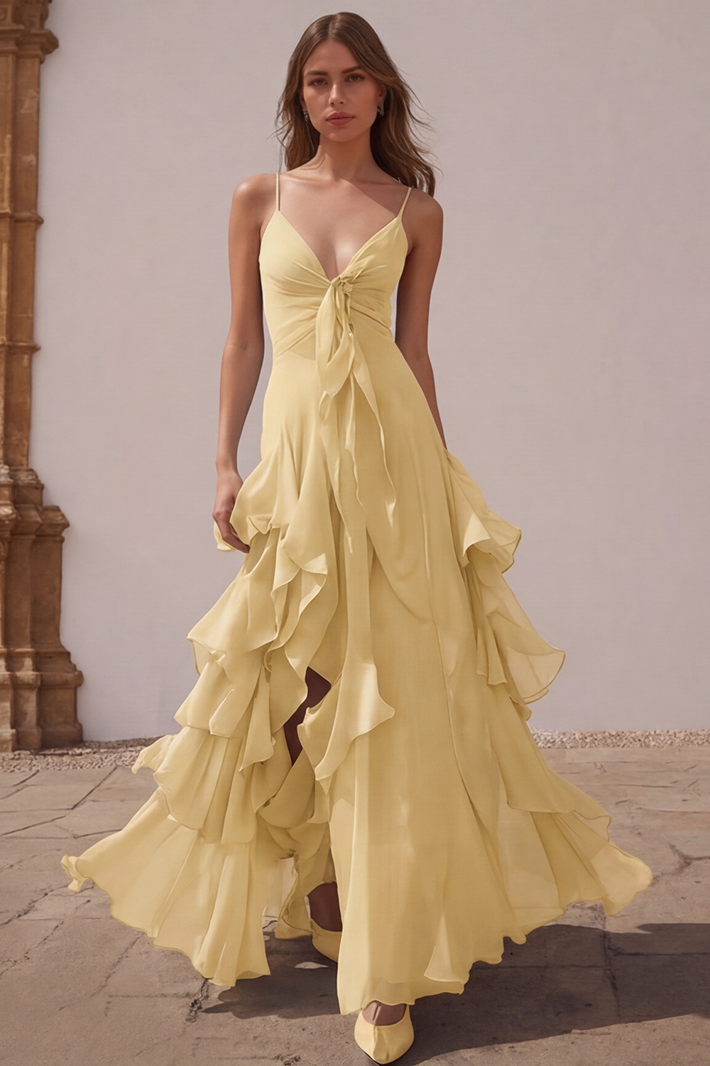 Dusty Blue Chiffon A-Line Spaghetti Straps Long Wedding Guest Dress with Ruffles