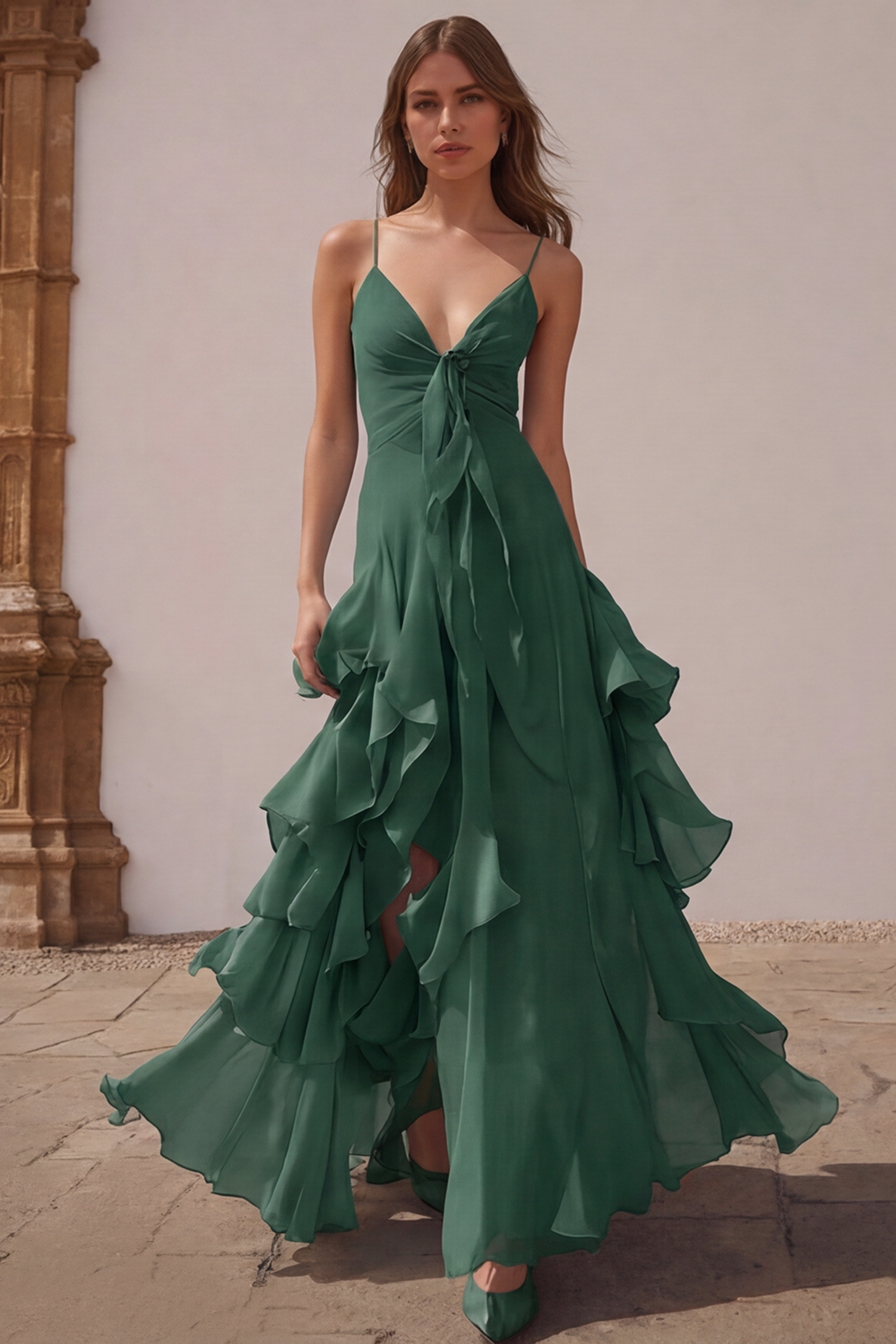 Dusty Blue Chiffon A-Line Spaghetti Straps Long Wedding Guest Dress with Ruffles