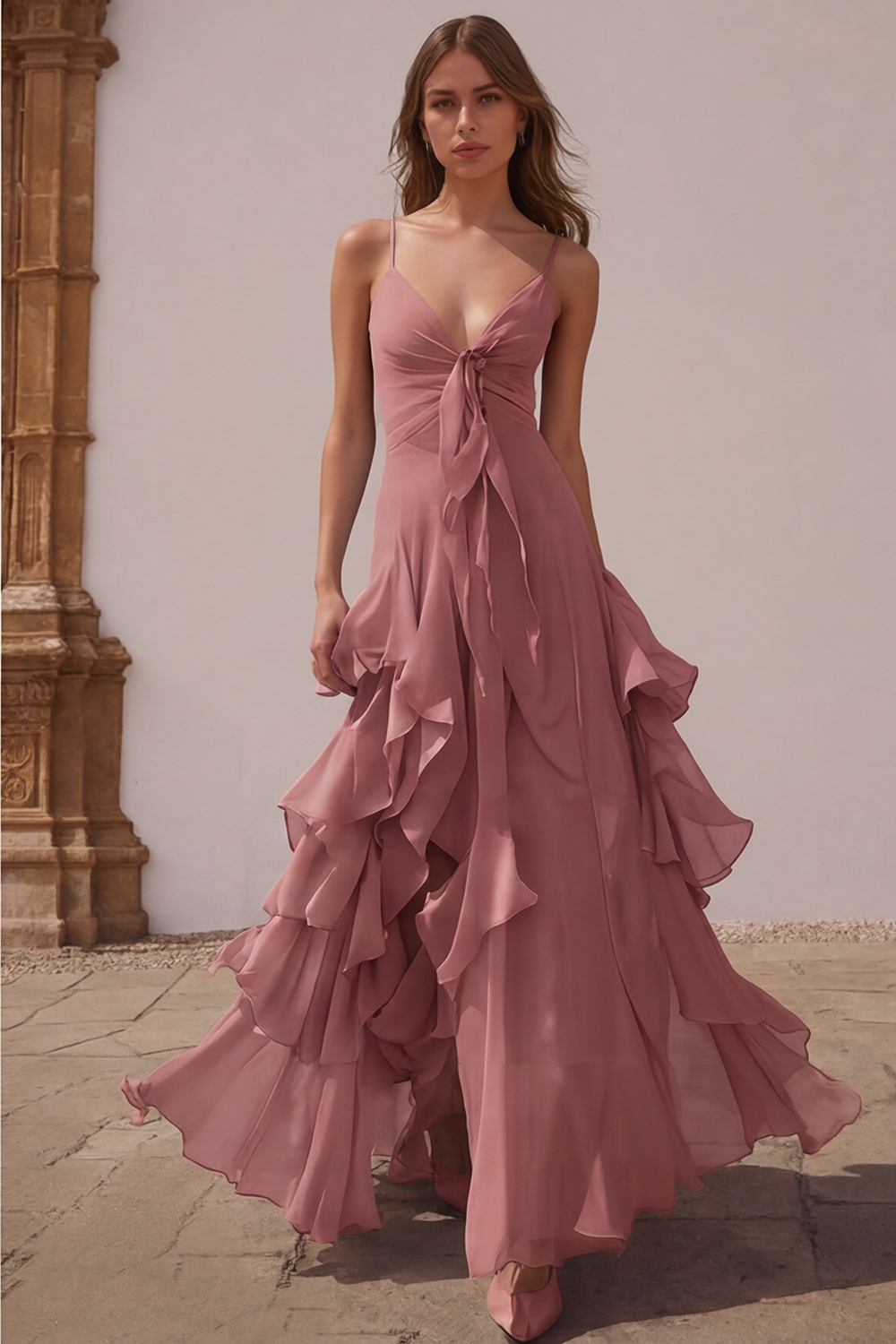 Dusty Blue Chiffon A-Line Spaghetti Straps Long Wedding Guest Dress with Ruffles