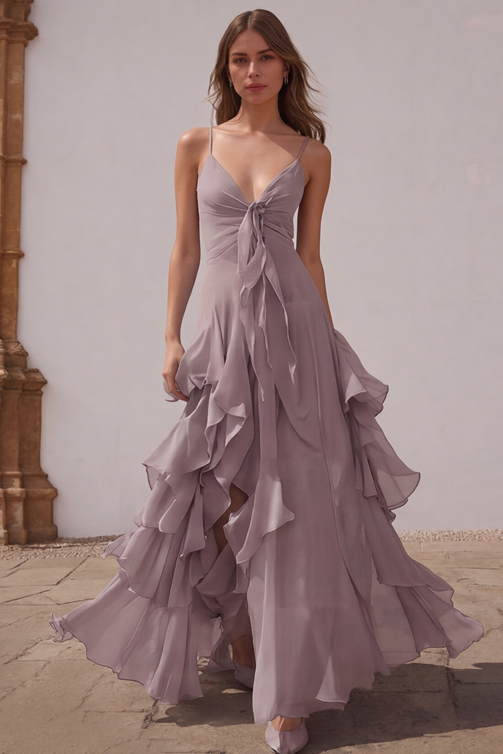 Dusty Blue Chiffon A-Line Spaghetti Straps Long Wedding Guest Dress with Ruffles