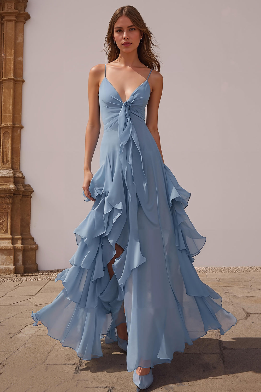 Dusty Blue Chiffon A-Line Spaghetti Straps Long Wedding Guest Dress with Ruffles