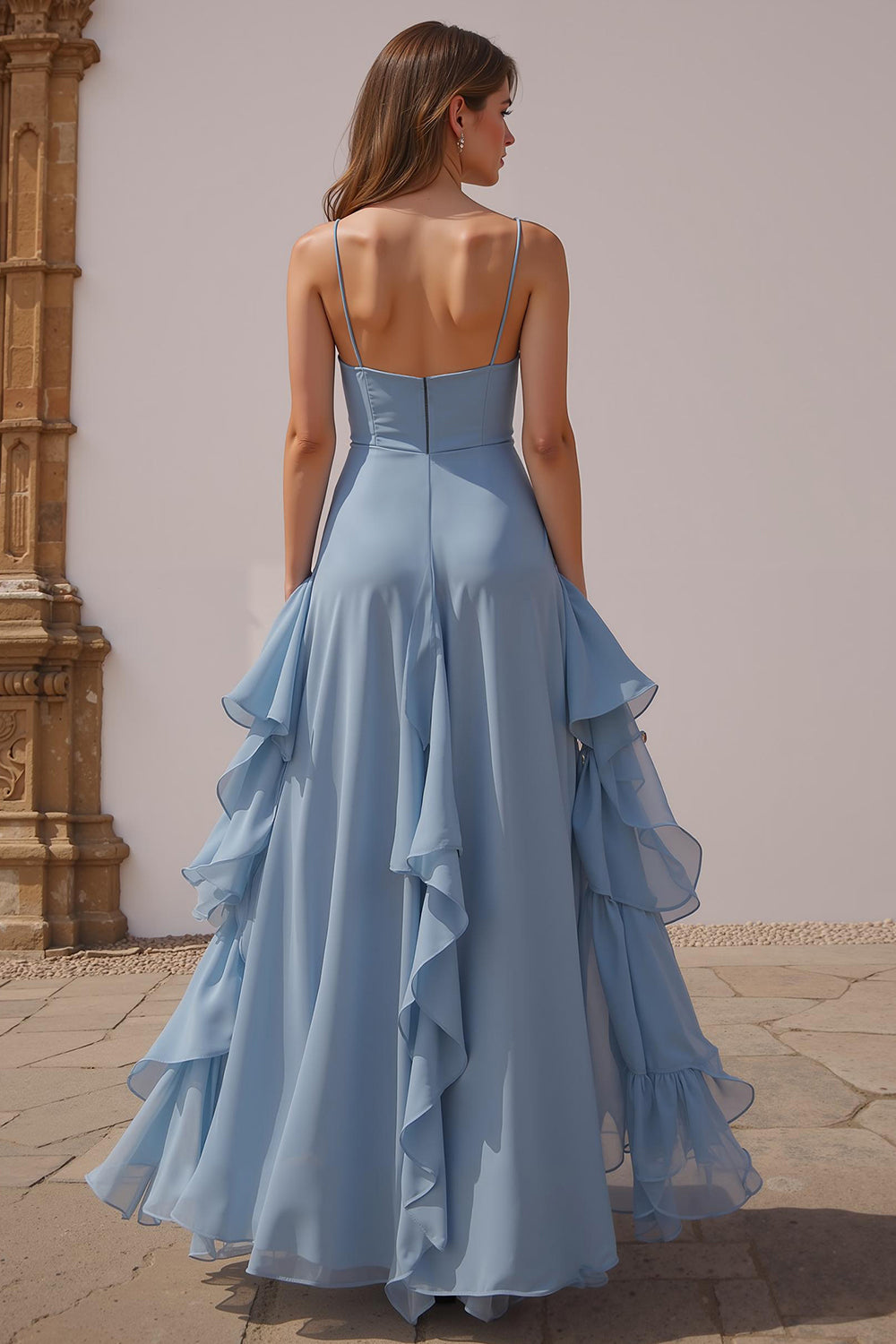 Dusty Blue Chiffon A-Line Spaghetti Straps Long Wedding Guest Dress with Ruffles