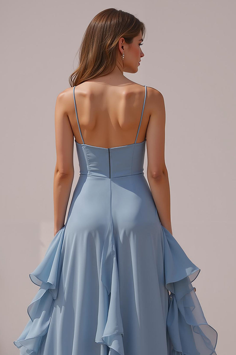 Dusty Blue Chiffon A-Line Spaghetti Straps Long Wedding Guest Dress with Ruffles