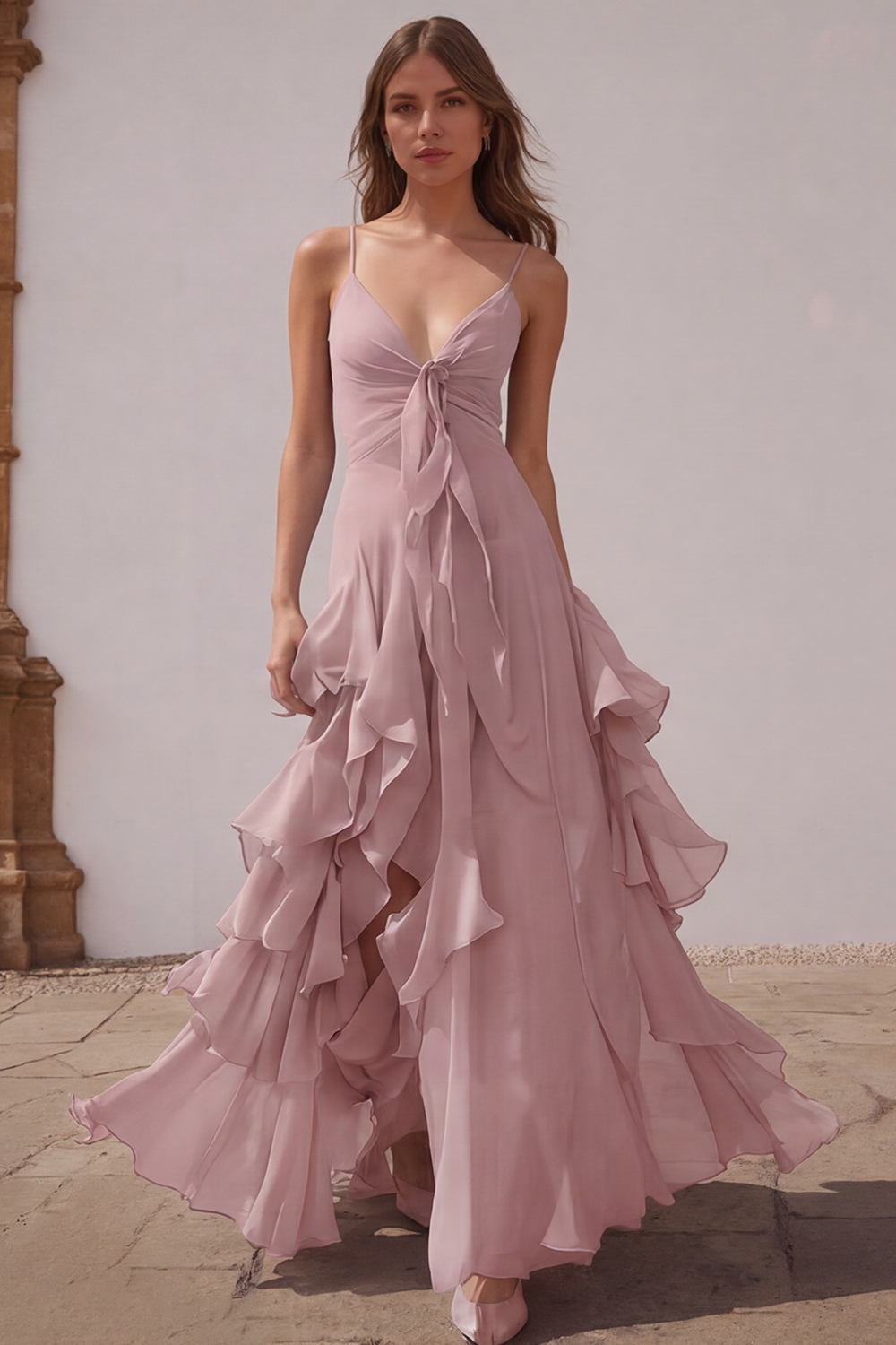 Dusty Blue Chiffon A-Line Spaghetti Straps Long Wedding Guest Dress with Ruffles