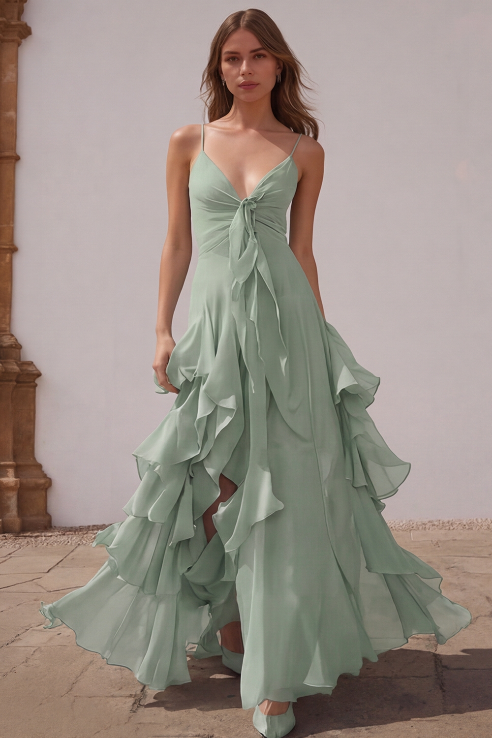 Dusty Blue Chiffon A-Line Spaghetti Straps Long Wedding Guest Dress with Ruffles