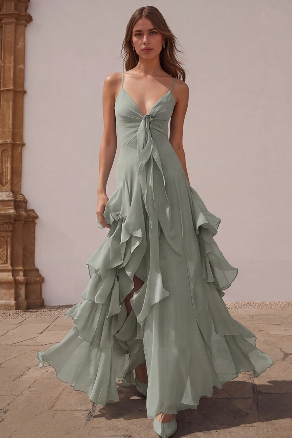 Dusty Blue Chiffon A-Line Spaghetti Straps Long Wedding Guest Dress with Ruffles