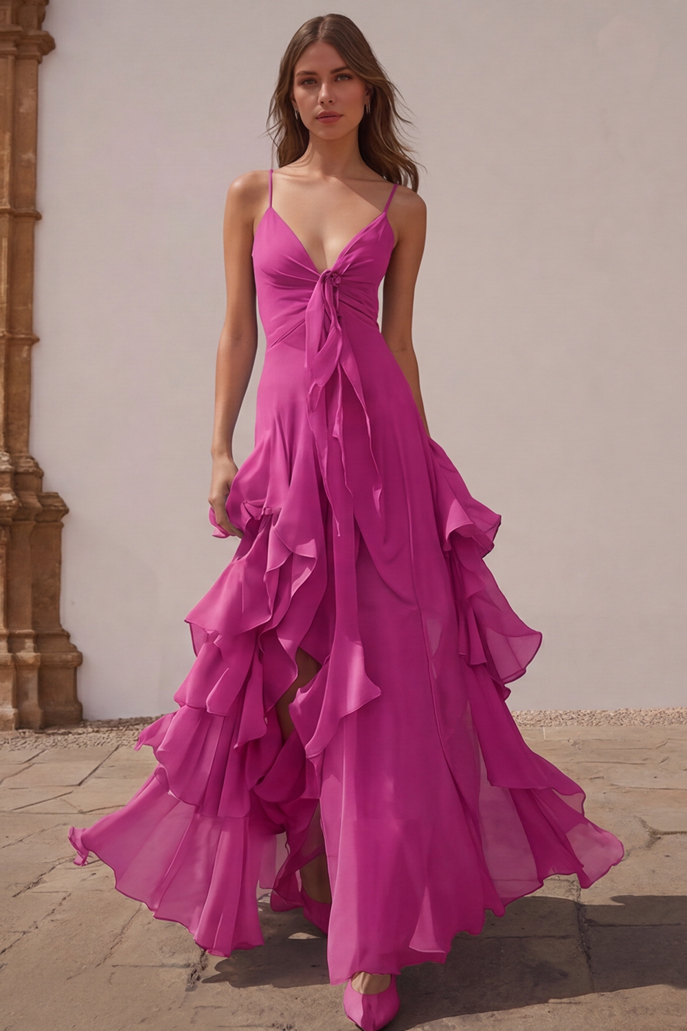 Dusty Blue Chiffon A-Line Spaghetti Straps Long Wedding Guest Dress with Ruffles