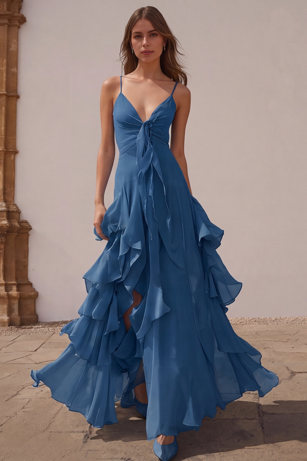 Dusty Blue Chiffon A-Line Spaghetti Straps Long Wedding Guest Dress with Ruffles