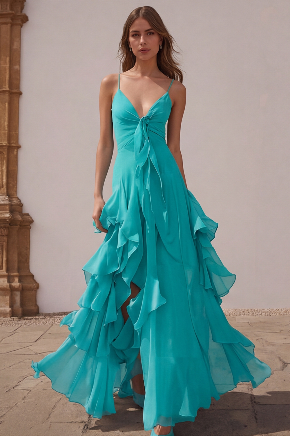 Dusty Blue Chiffon A-Line Spaghetti Straps Long Wedding Guest Dress with Ruffles