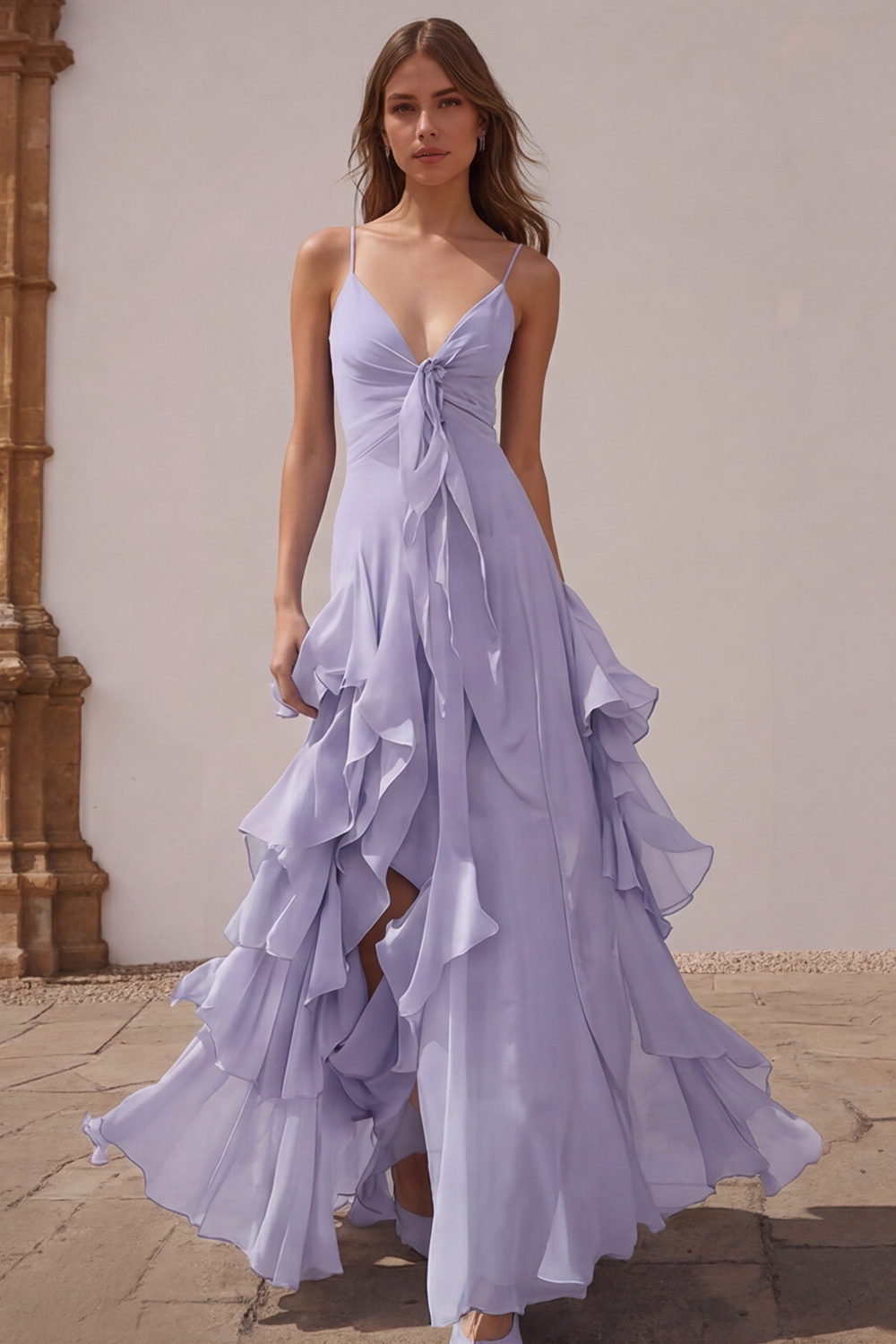 Dusty Blue Chiffon A-Line Spaghetti Straps Long Wedding Guest Dress with Ruffles