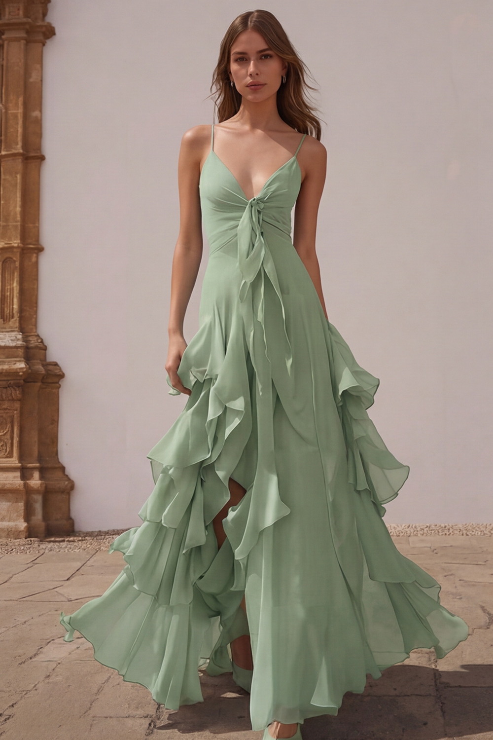 Dusty Blue Chiffon A-Line Spaghetti Straps Long Wedding Guest Dress with Ruffles