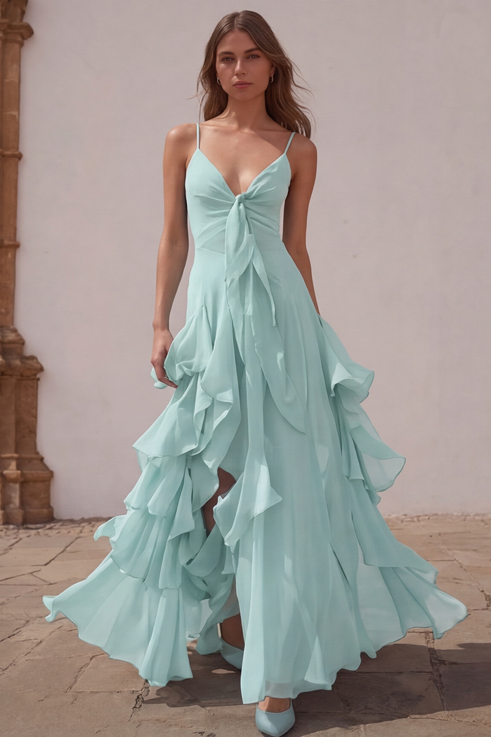 Dusty Blue Chiffon A-Line Spaghetti Straps Long Wedding Guest Dress with Ruffles