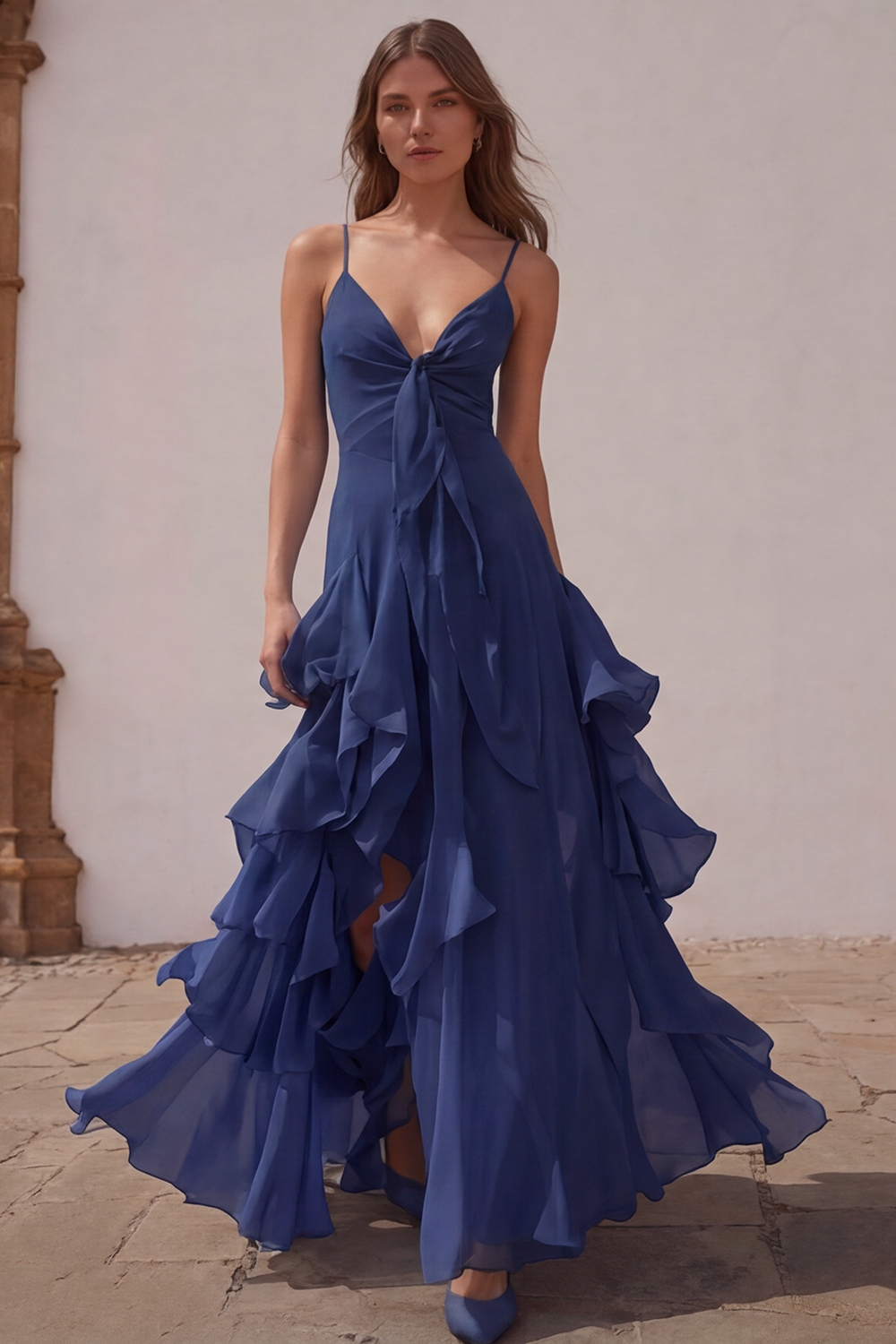 Dusty Blue Chiffon A-Line Spaghetti Straps Long Wedding Guest Dress with Ruffles