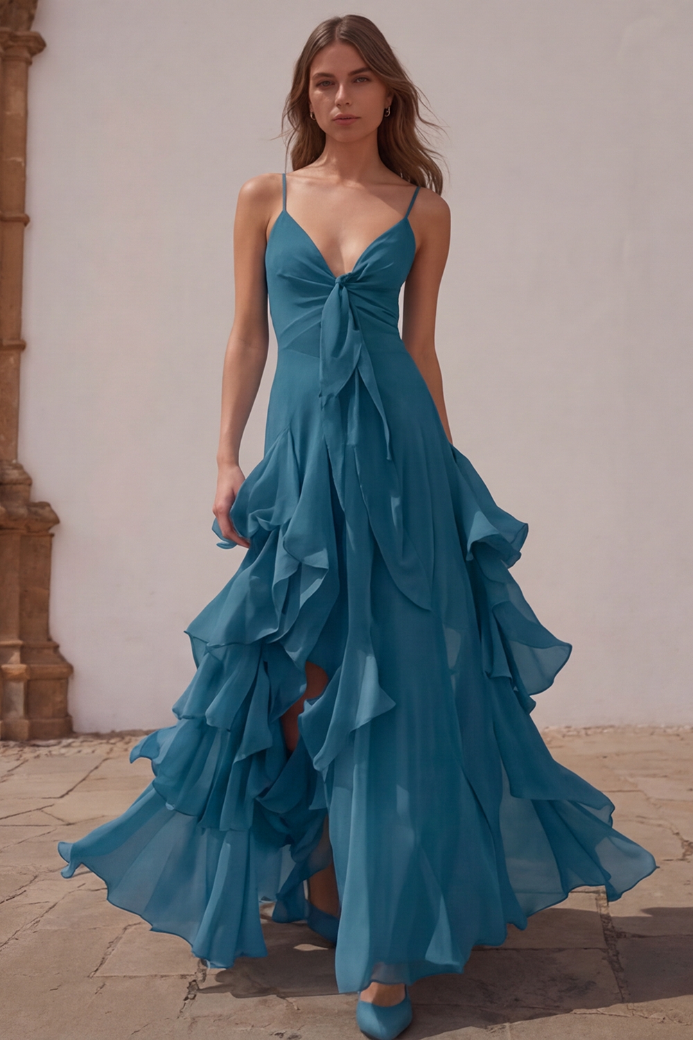 Dusty Blue Chiffon A-Line Spaghetti Straps Long Wedding Guest Dress with Ruffles